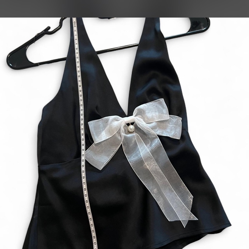 Black Satin V-Neck Tank with Silver Bow Accent - Picture 5 of 5